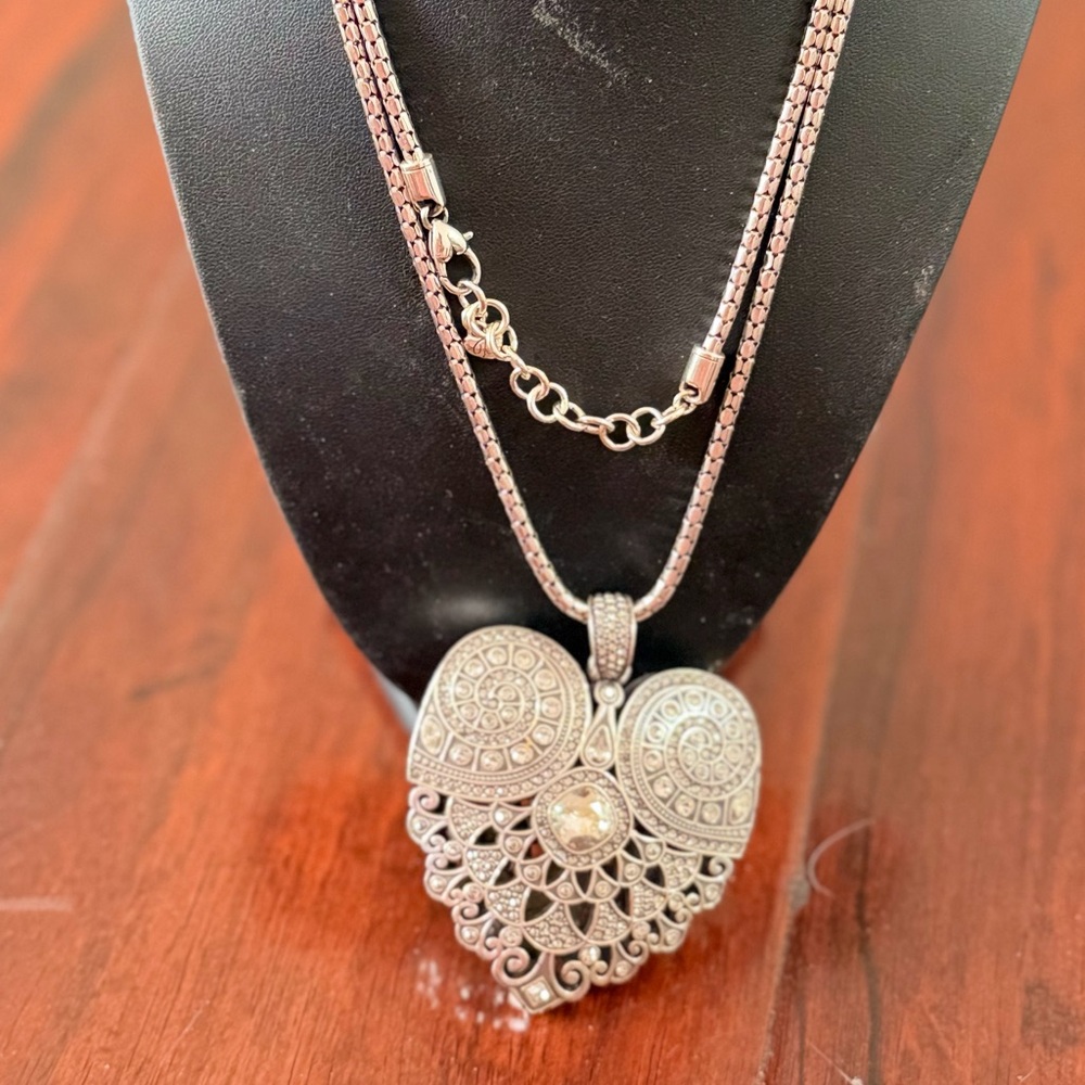 Brighton Silver-Tone Filigree Heart Necklace with Clear Crystal